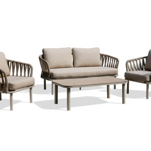 4-Piece Outdoor Lounge Set with Twin-Groove Webbing – Curved White Aluminum Frame & High Loadability 44201 44202