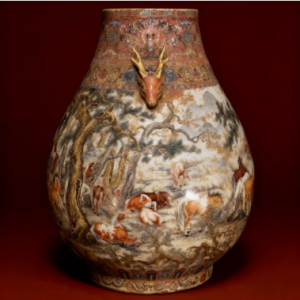 Blessing Tube Vase with Deer-Head Handles and Hundred-Horse Painting